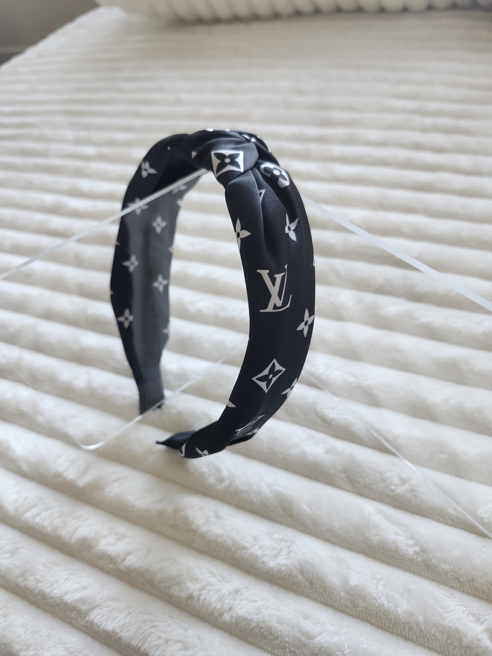 Knotted Top Headband Black White Floral Monogram Print Satin Silky Hair Band